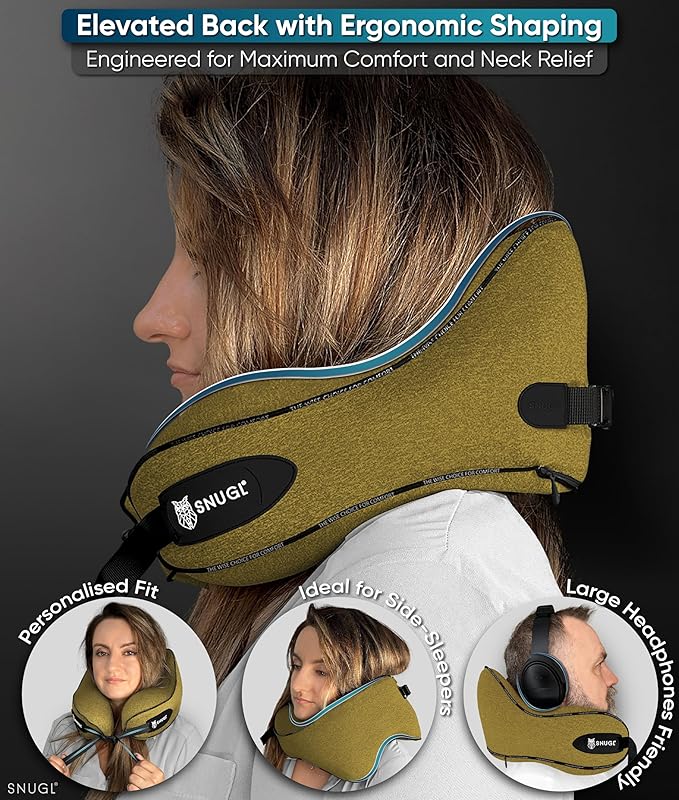 SNUGL Neck Travel Pillow - Memory Foam Airplane Pillow - Flight Pillow | Neck Support Travel Pillow with Carry Bag & Clip | Neck Pillows for Sleeping Travel Plane | Flying Travel Essentials - D.Yellow