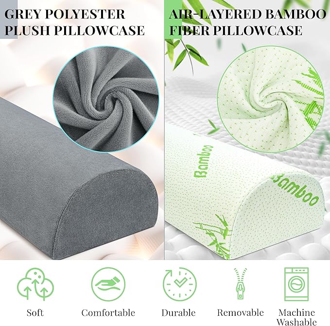 Knee Pillow for Side Sleepers Memory Foam Leg Pillows for Sleeping Yoga Bed Half Moon Bolster Pillow for Neck Pain Relief with 2 Pillowcases 20.5 x 8 x 4.5 Inches(Grey+Green, Standard Size)