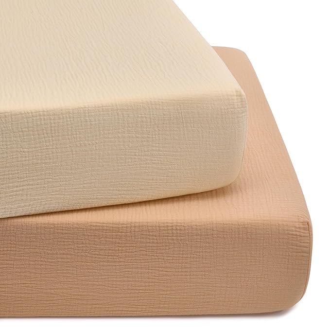 TILLYOU 2 Pack Muslin Crib Sheet for Boys and Girls - 100% Cotton Fitted Crib Sheet for Toddler Standard Crib Mattress, Soft and Breathable, 52"x28"x8",Beige&Light Brown