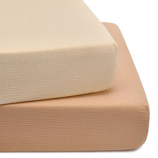 TILLYOU 2 Pack Muslin Crib Sheet for Boys and Girls - 100% Cotton Fitted Crib Sheet for Toddler Standard Crib Mattress, Soft and Breathable, 52"x28"x8",Beige&Light Brown