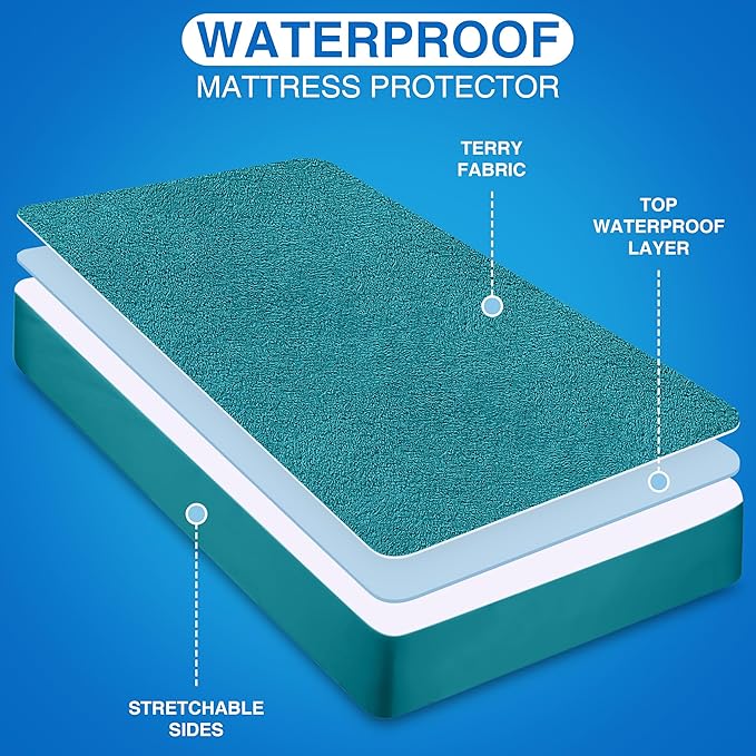 Utopia Bedding Waterproof Mattress Protector Twin Size, Premium Terry Mattress Cover 200 GSM, Breathable, Fitted Style with Stretchable Pockets (Denim)