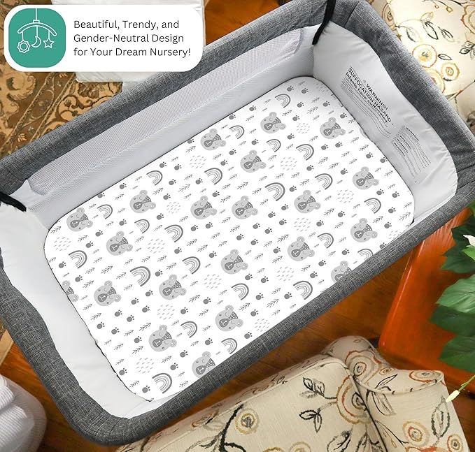 TansyPanda Bassinet Sheets for Cloud Baby, Yacul, Dream On Me Traveler, Skylar, BabyBond, Simmons, 3 Pack, 33x20 in, Ultra Soft, Breathable Snug Fit, Unisex Boys Girls, Gray White (Woodland Rainbow)