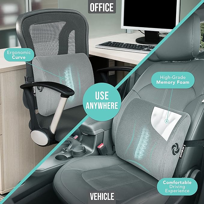 Samsonite SA5244 Ergonomic Lumbar Support Pillow Helps Relieve Lower Back Pain 100% Pure Memory Foam Improves Posture Fits Most Seats Breathable Mesh Washable Cover Adjustable Strap