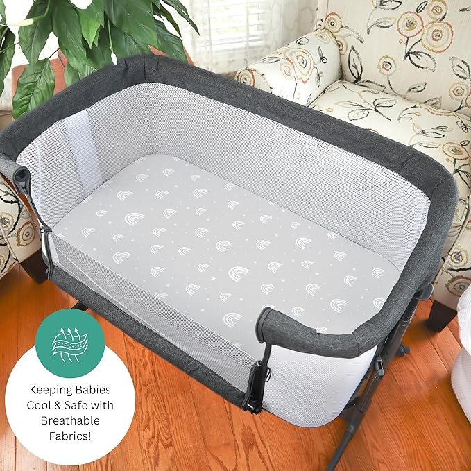 TansyPanda Bassinet Sheets for Bellababy, Besrey, AMKE, and Milliard Bedside Bassinet Sleeper, 3PC, 20 x 33 Inch, Ultra Soft, Breathable, Snug Fit, Unisex Boys, Girls, Gray White (Woodland Rainbow)