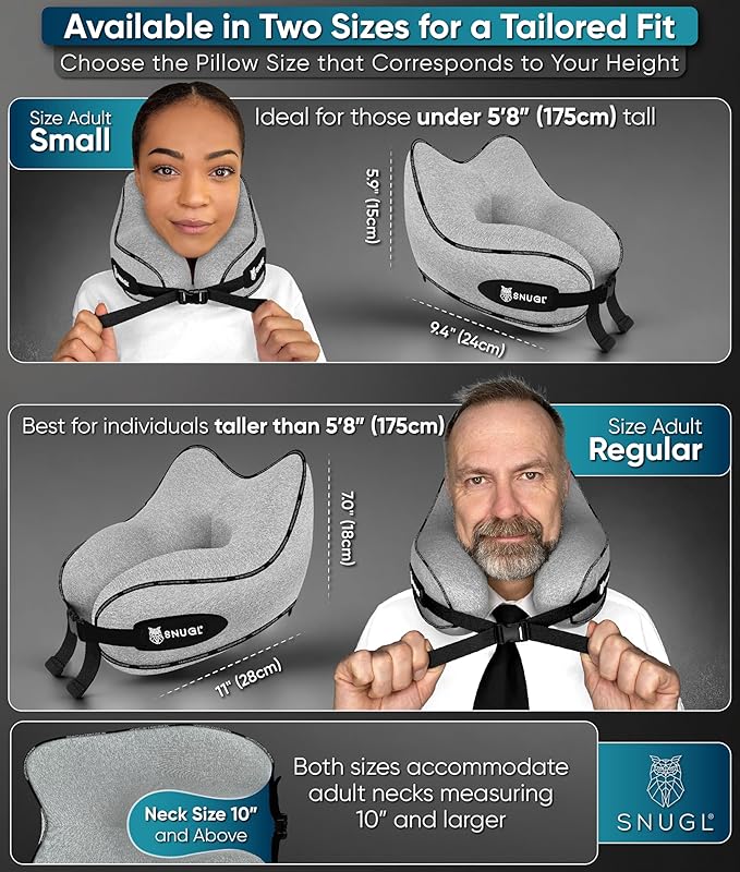 SNUGL Neck Travel Pillow - Memory Foam Airplane Pillow - Flight Pillow | Neck Support Travel Pillow with Carry Bag & Clip | Neck Pillows for Sleeping Travel Plane | Flying Travel Essentials - Grey
