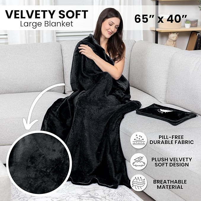 Resty Travel Blanket - Compact Airplane Blanket with Bag - Small and Lightweight Traveling Blanket & Pillow - Portable Blankets with Carabiner for Easy Transport - Plane Train Car (Onyx Black)