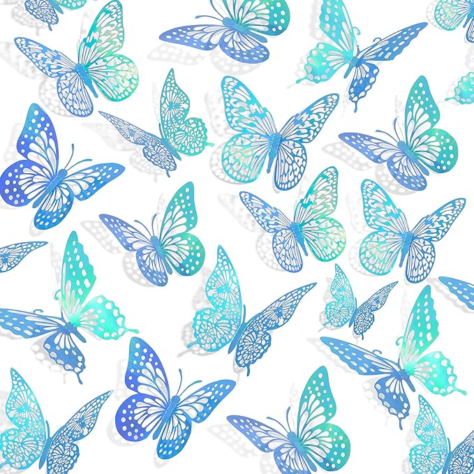 SAOROPEB 3D Butterfly Wall Decor 48 Pcs 4 Styles 3 Sizes, Butterfly Decorations for Butterfly Birthday Decorations Butterfly Party Decorations Cake Decorations, Removable Stickers (Laser Blue)
