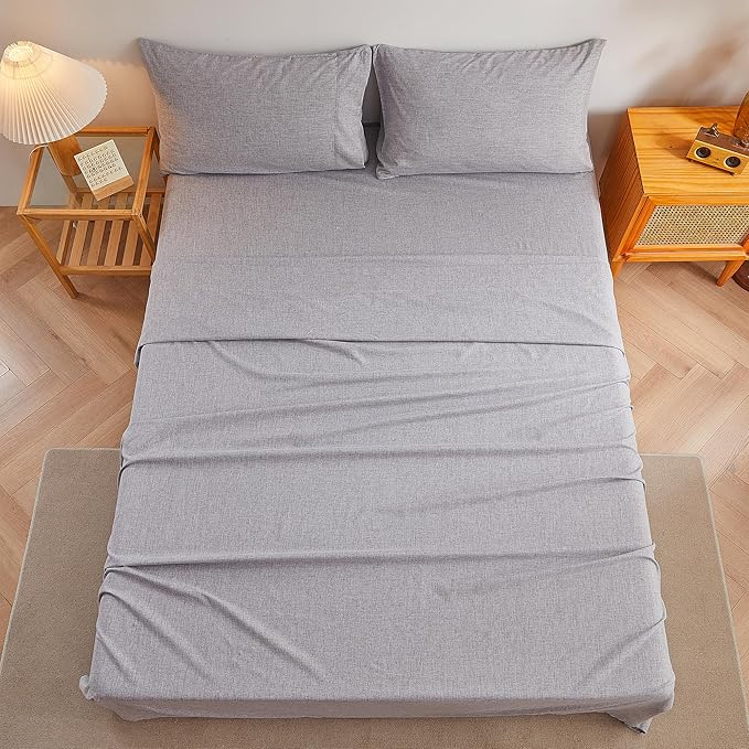 Queen Sheets Dark Grey, Ultral Soft Cationic Linen Look Sheets, Luxury Cooling Cozy Bed Sheet Set with Non-Slip Fitted Sheet