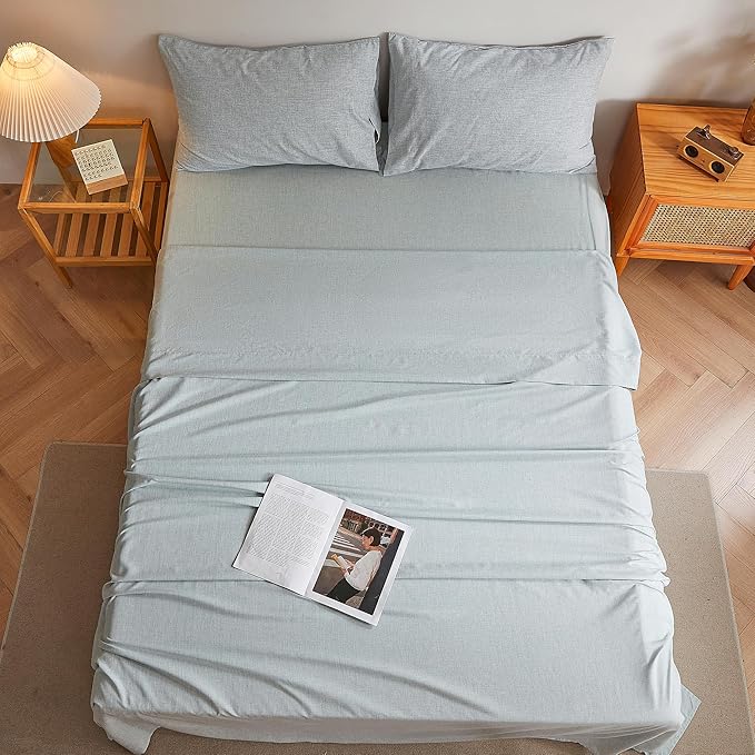 Queen Sheets Blue, Ultral Soft Cationic Linen Look Sheets, Luxury Cooling Cozy Bed Sheet Set with Non-Slip Fitted Sheet