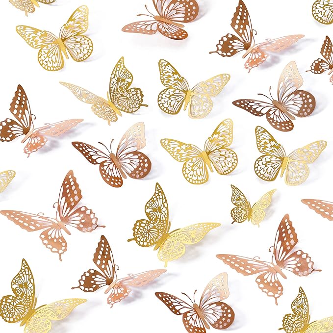 SAOROPEB 3D Butterfly Wall Decor, 48 Pcs 4 Styles 2 Color 3 Sizes, Removable Metallic Wall Sticker Room Mural Decals for Kids Bedroom Nursery Classroom Party Decoration (2 Color)