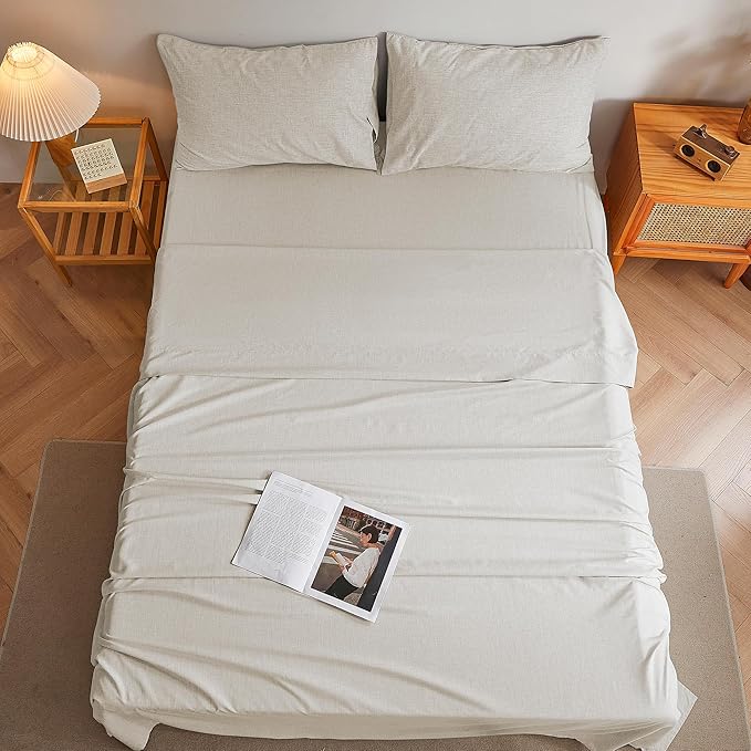 Full Sheets Khaki, Ultral Soft Cationic Linen Look Sheets, Luxury Cooling Cozy Bed Sheet Set with Non-Slip Fitted Sheet