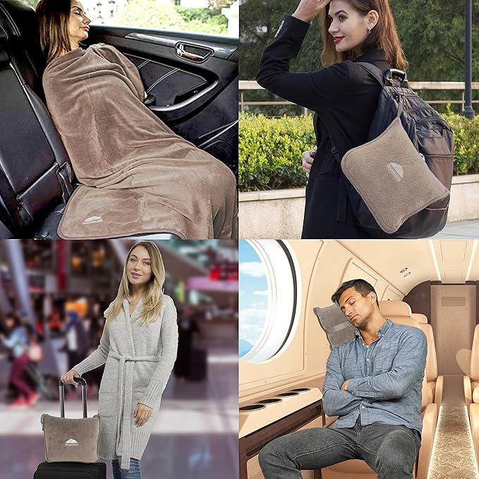 BlueHills Premium Soft Travel Blanket Pillow Airplane Flight Blanket Throw in Soft Bag Pillow case with Luggage Belt & Backpack Clip Compact Pack Large Blanket Taupe T023