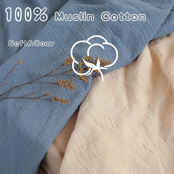 Muslin Crib Sheets for Boys Girls Rutiwa Organic Cotton Crib Sheets Neutral 2 Pack Breathable Baby Mattress Sheets Fit Standard Crib & Toddler Bed Mattress 28"x52"(Denim Blue/New Camel)