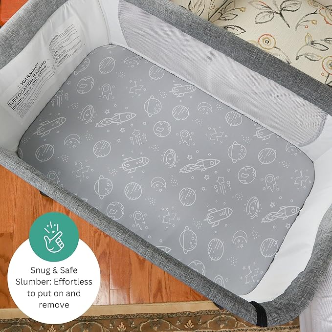 TansyPanda Bassinet Sheets for Cloud Baby, Yacul, Dream On Me Traveler, Skylar, BabyBond, Simmons, 3 Pack, 33x20 in, Ultra Soft, Breathable Snug Fit, Unisex Boys Girls, Gray White (Space Rockets)