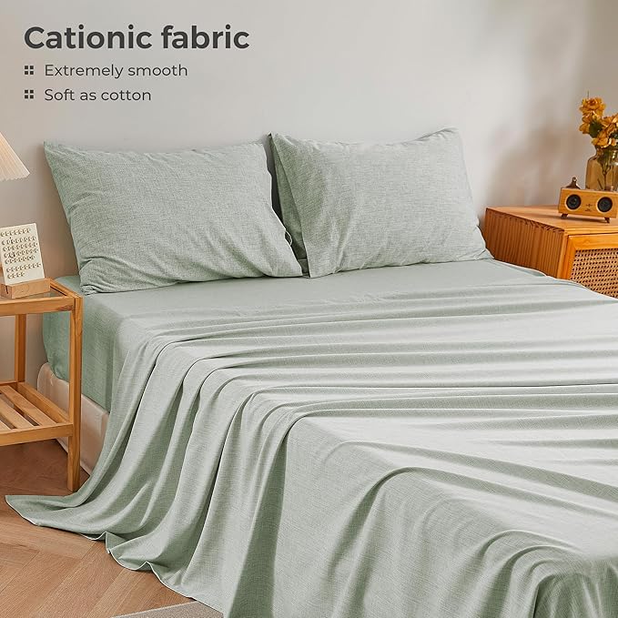 King Sheets Sage Green, Ultral Soft Cationic Linen Look Sheets, Luxury Cooling Cozy Bed Sheet Set with Non-Slip Fitted Sheet