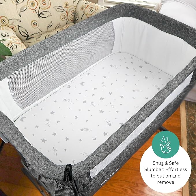 Bassinet Sheets for Mika Micky, Cuddor, Evolur Bedside Sleeper by TansyPanda, 3 Pack, 19 x 32 Inch, Ultra Soft, Breathable, and Snug Fit, Unisex Boys and Girls, Gray White (Moon, Stars, and Clouds)