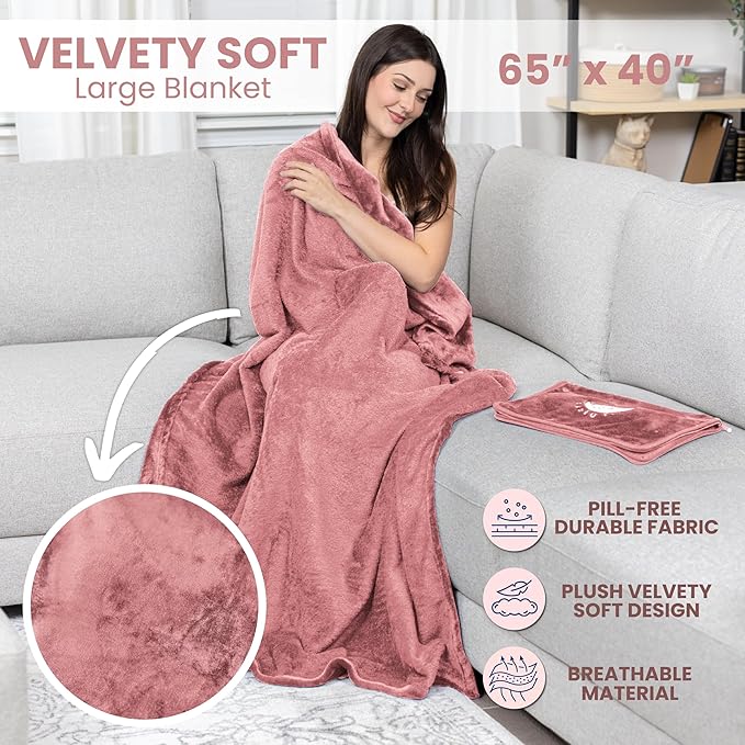 Resty Travel Blanket - Compact Airplane Blanket with Bag - Small and Lightweight Traveling Blanket & Pillow - Portable Blankets with Carabiner for Easy Transport - Plane Train Car (Pink)