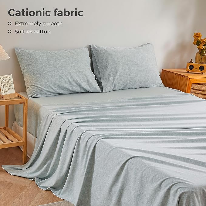 Full Sheets Blue, Ultral Soft Cationic Linen Look Sheets, Luxury Cooling Cozy Bed Sheet Set with Non-Slip Fitted Sheet