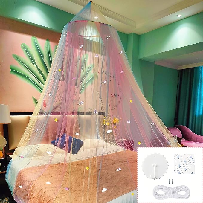 Eimilaly Princess Rainbow Bed Canopy with Unicorn Castle Glow in The Dark, Bed Canopy for Girls Room Decor or Fairy Theme Party