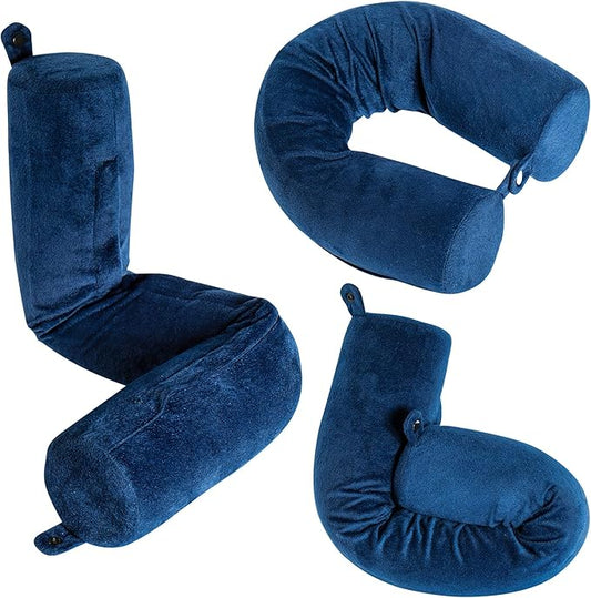 Dot&Dot Twist Memory Foam Travel Pillow for Airplanes - Travel Neck Pillow for Sleeping - Airplane Pillow for Neck Support, Chin, Lumbar and Leg - Adjustable, Bendable Neck Roll Pillow (Dark Blue)