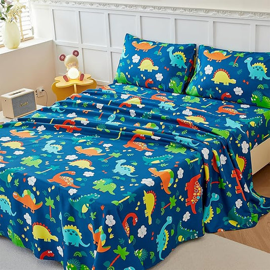 RYNGHIPY Kids Dinosaur Sheets Set for Boys Soft Microfiber Dino Sheets for Twin Size Bed Deep Pocket Fitted Sheet Flat Sheet and Pillowcase (Blue Dinosaur,Full)