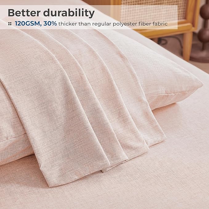 Queen Sheets Light Pink, Ultral Soft Cationic Linen Look Sheets, Luxury Cooling Cozy Bed Sheet Set with Non-Slip Fitted Sheet