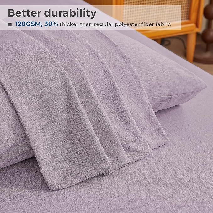 Full Sheets Purple, Ultral Soft Cationic Linen Look Sheets, Luxury Cooling Cozy Bed Sheet Set with Non-Slip Fitted Sheet