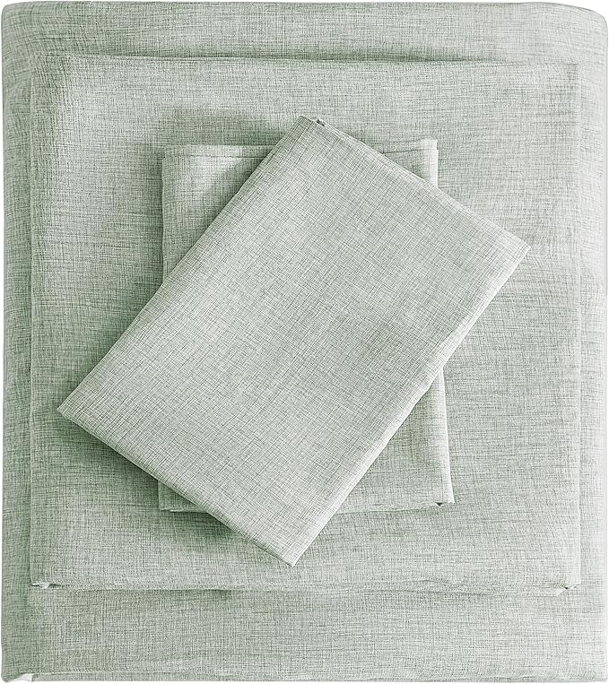 Queen Sheets Sage Green, Ultral Soft Cationic Linen Look Sheets, Luxury Cooling Cozy Bed Sheet Set with Non-Slip Fitted Sheet