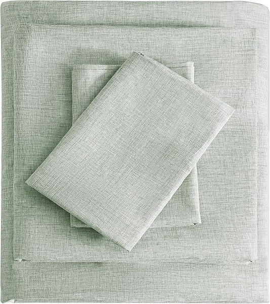Queen Sheets Sage Green, Ultral Soft Cationic Linen Look Sheets, Luxury Cooling Cozy Bed Sheet Set with Non-Slip Fitted Sheet