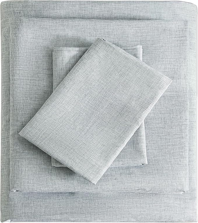 King Sheets Blue, Ultral Soft Cationic Linen Look Sheets, Luxury Cooling Cozy Bed Sheet Set with Non-Slip Fitted Sheet