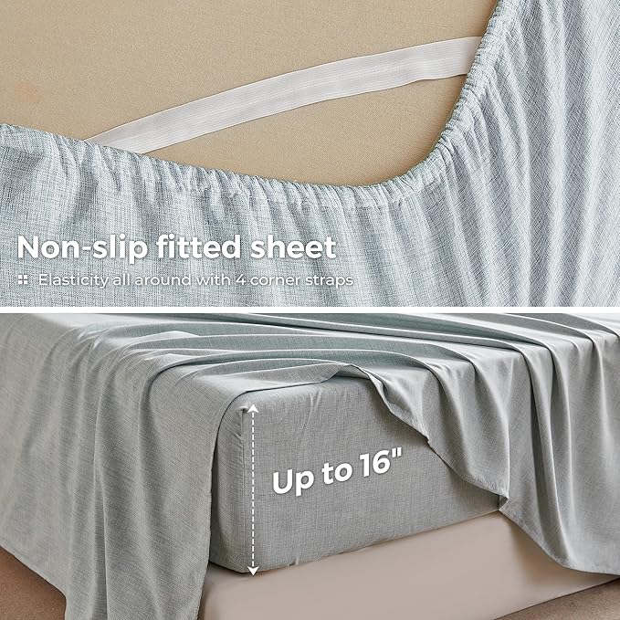 Full Sheets Blue, Ultral Soft Cationic Linen Look Sheets, Luxury Cooling Cozy Bed Sheet Set with Non-Slip Fitted Sheet