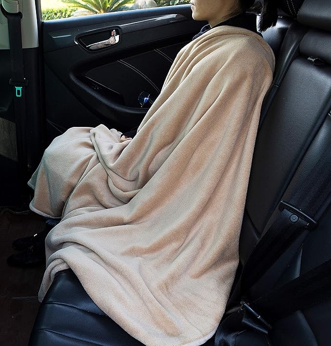 BlueHills Premium Soft 2-Pack Travel Blanket Pillows Airplane Large Plane Flight Throw Travel Blankets for Two in a Bag Compact Traveling Essentials Warm Travel Gifts Long Beige T205