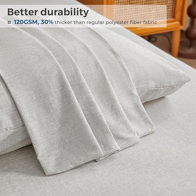 Twin Sheets Light Grey, Ultral Soft Cationic Linen Look Sheets, Luxury Cooling Cozy Bed Sheet Set with Non-Slip Fitted Sheet