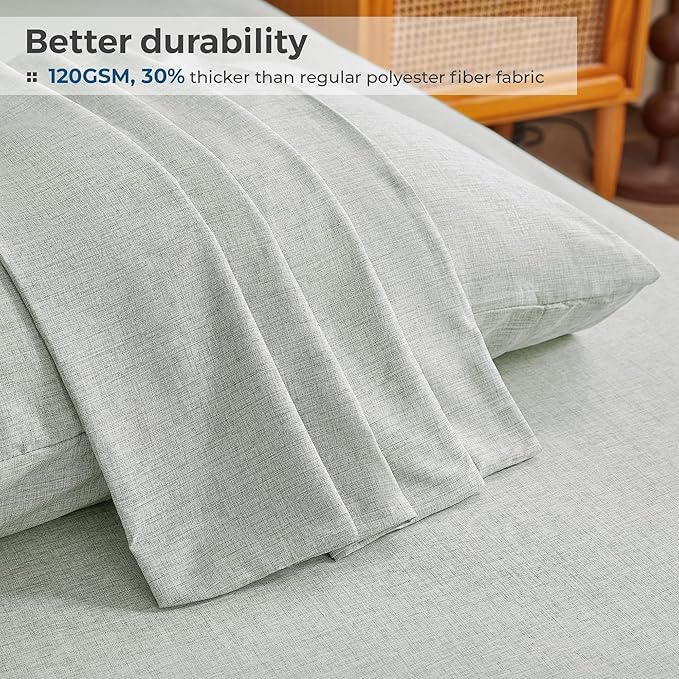 King Sheets Sage Green, Ultral Soft Cationic Linen Look Sheets, Luxury Cooling Cozy Bed Sheet Set with Non-Slip Fitted Sheet