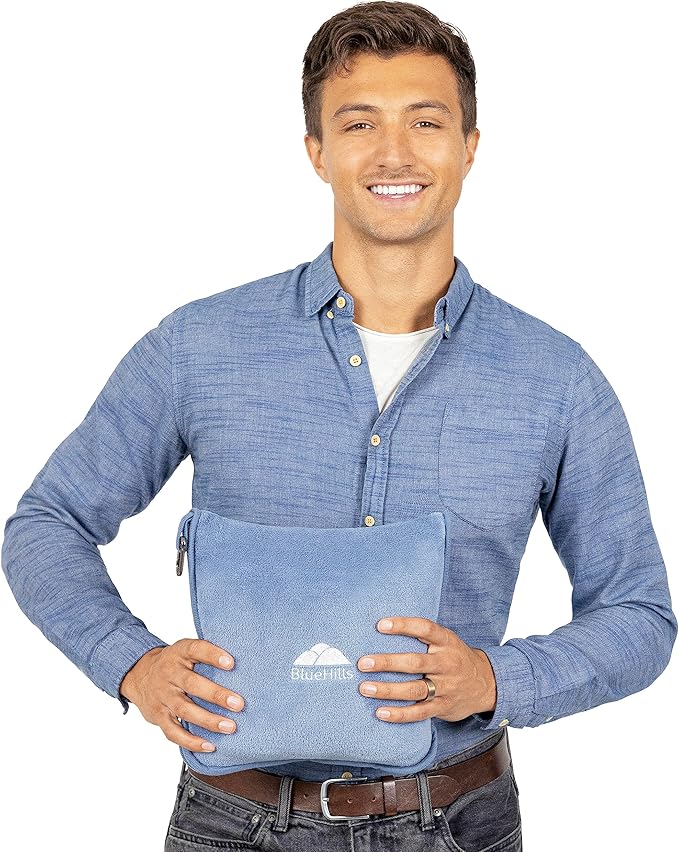 BlueHills Premium Soft Long Travel Blanket Pillow for Tall Airplane Flight Essentials Large Compact 2 in 1 Airline Blanket Throw Packable Warm Plane Traveling Accessories Grayish Blue T056