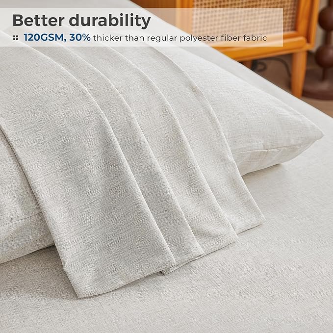 Full Sheets Khaki, Ultral Soft Cationic Linen Look Sheets, Luxury Cooling Cozy Bed Sheet Set with Non-Slip Fitted Sheet