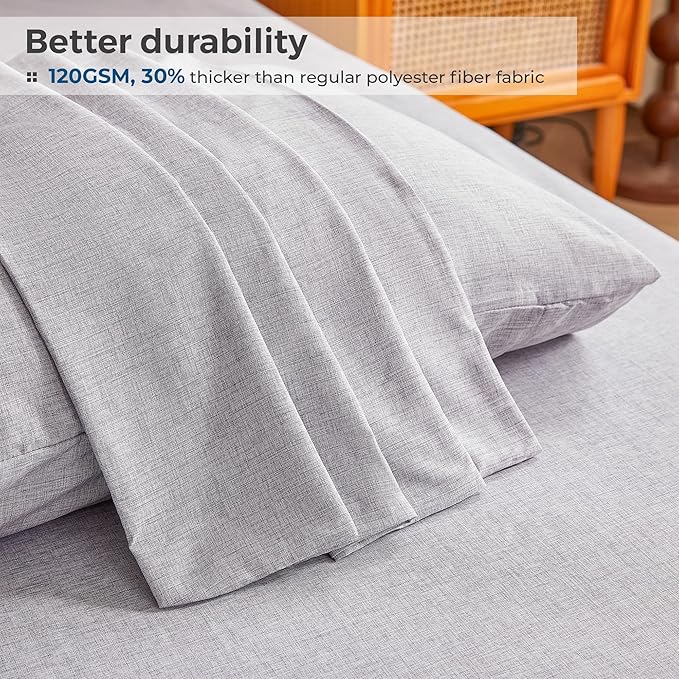 Twin Sheets Dark Grey, Ultral Soft Cationic Linen Look Sheets, Luxury Cooling Cozy Bed Sheet Set with Non-Slip Fitted Sheet